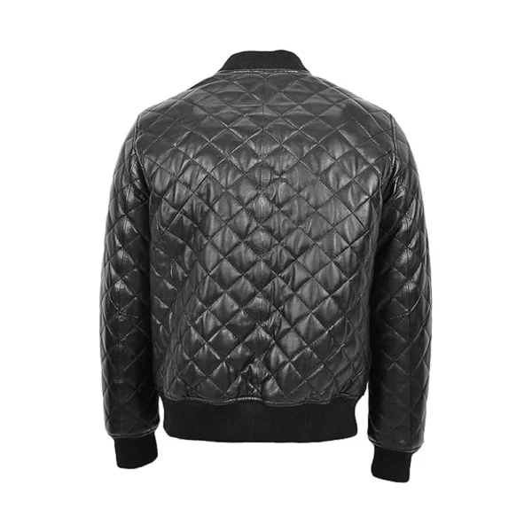 Back image of Wizard - Black Quilted Varsity Leather Jacket by Gulf Leather Jackets.