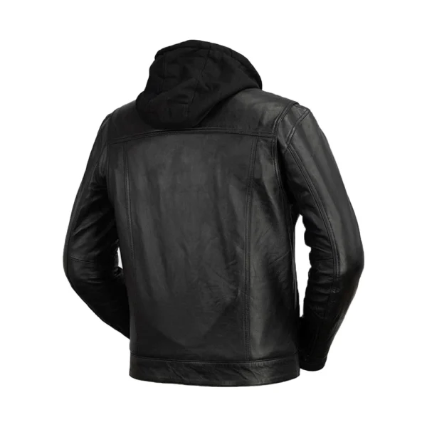 back image of Black Knight - Black Hooded Leather Jacket by Gulf Leather Jackets