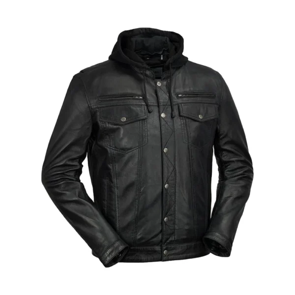 Product image of Black Knight - Black Hooded Leather Jacket by Gulf Leather Jackets