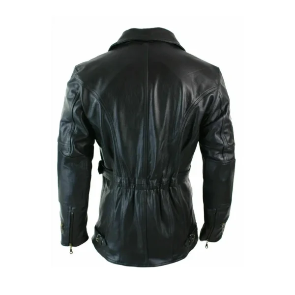 back Image of Memento - Black Long Cow-Hide Leather Coat by Gulf Leather Jackets