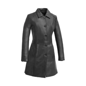 Product image of Teressa - Black Button Leather Coat by Gulf jackets.