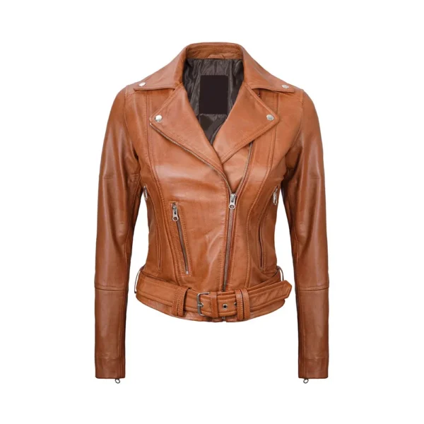 Product image of Symmetri - Light Brown Leather Belted Jacket by Gulf Leather Jackets