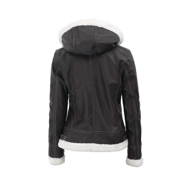 Back Image of Cozi - Fur Shearling Bomber Leather Jacket with Removable Hood by Gulf Leather Jackets.