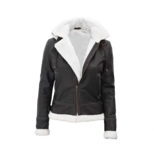 product Image of Cozi - Fur Shearling Bomber Leather Jacket with Removable Hood by Gulf Leather Jackets.