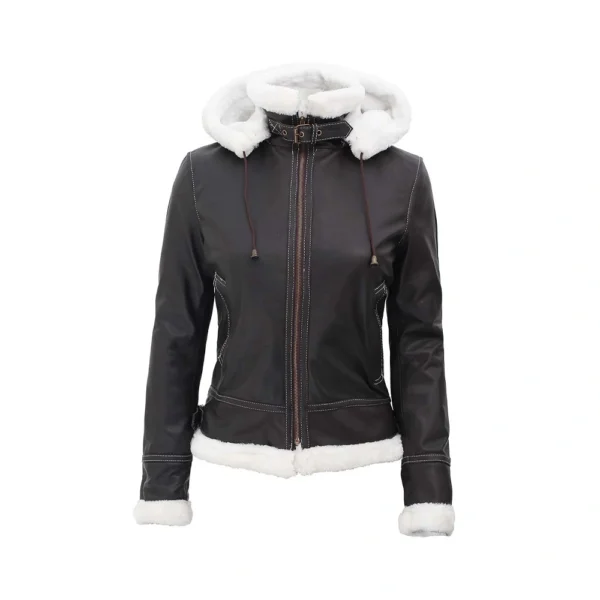 product Image of Cozi - Fur Shearling Bomber Leather Jacket with Removable Hood (zip Closed) by Gulf Leather Jackets.