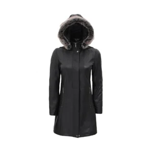 Product image of Flair - Black Leather Coat with Shearling Hood by Gulf Leather Jackets