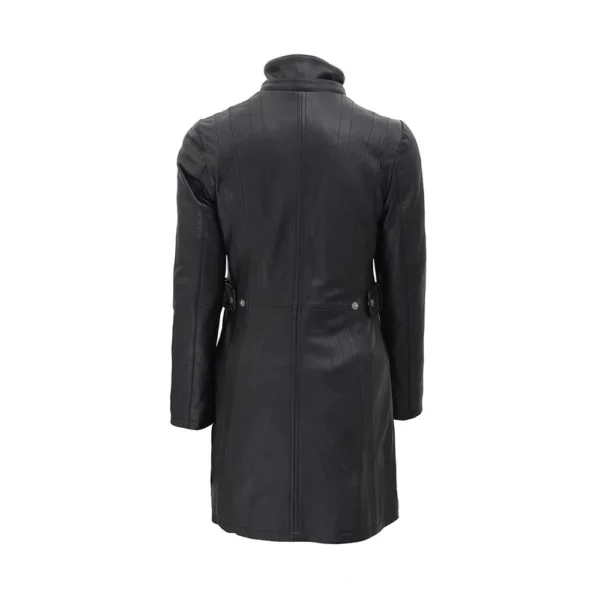 Back image of Flair - Black Leather Coat with Shearling Hood removed by Gulf Leather Jackets