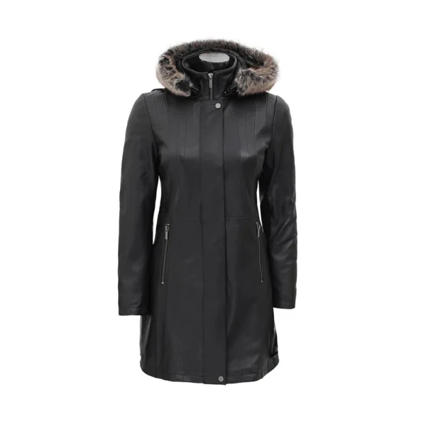 Product image of Flair - Black Leather Coat with Shearling Hood by Gulf Leather Jackets