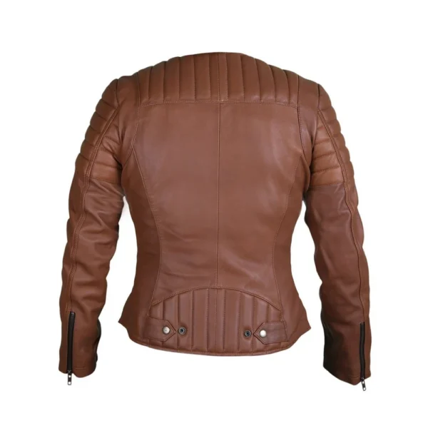 Back Image of Integral - Collarless Quilted Brown Leather Jacket by Gulf Leather Jackets.