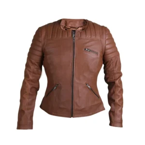 Product Image of Integral - Collarless Quilted Brown Leather Jacket by Gulf Leather Jackets.